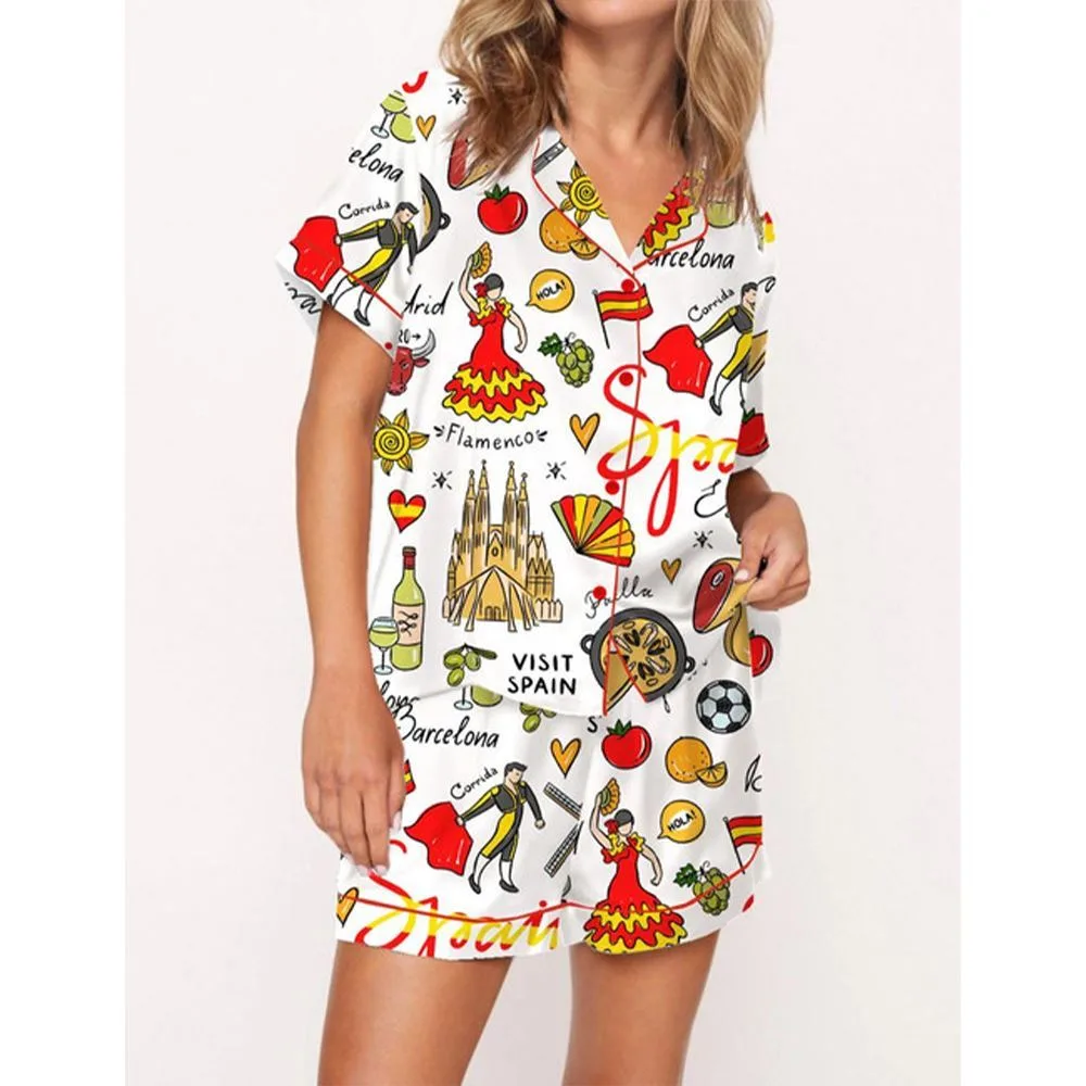 Spain Travel Satin Pajama Set For Women