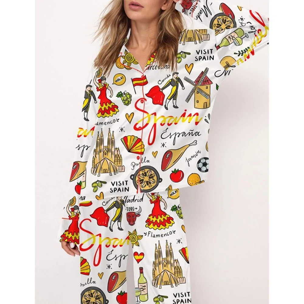 Spain Travel Satin Pajama Set For Women - Image 2