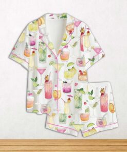 Summer Cocktail Wine Lovers Old Fashioned Short Sleeve Satin Pajama Set For Women