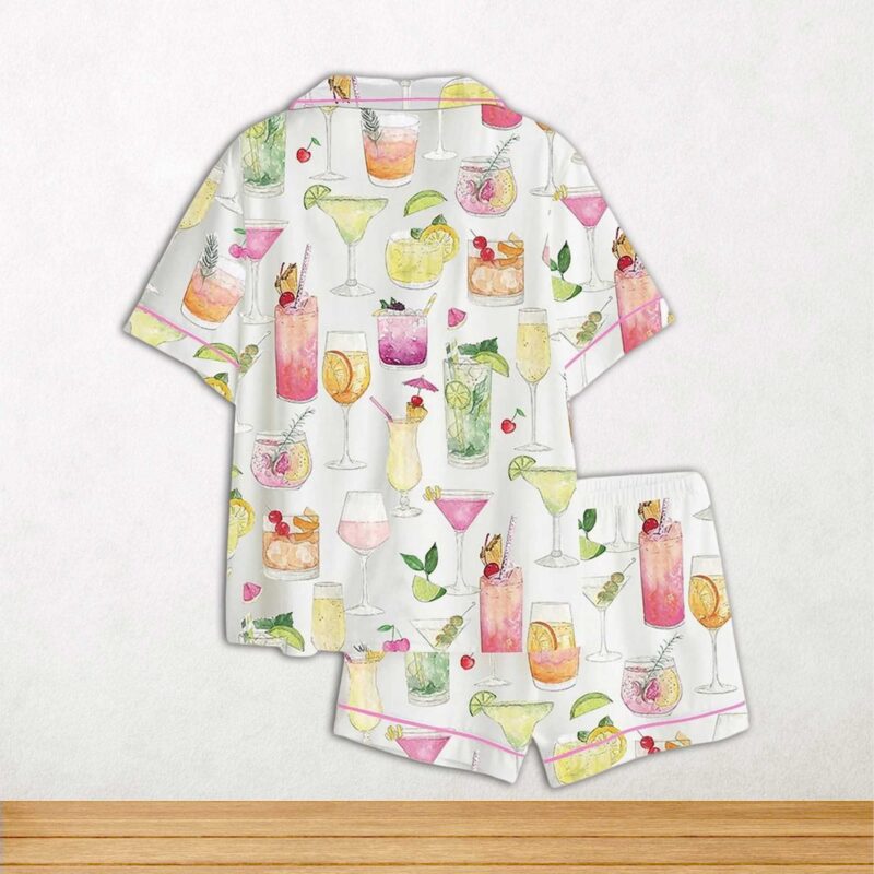 Summer Cocktail Wine Lovers Old Fashioned Short Sleeve Satin Pajama Set For Women - Image 2