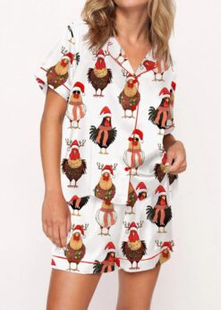 Сute Christmas Chickens Satin Pajama Set For Women