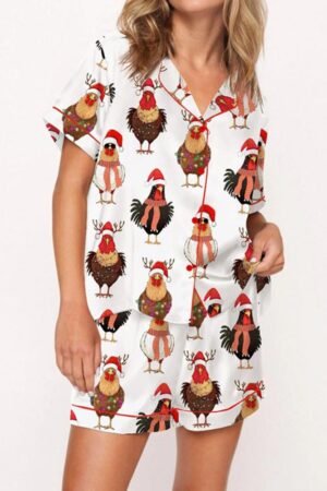 Сute Christmas Chickens Satin Pajama Set For Women