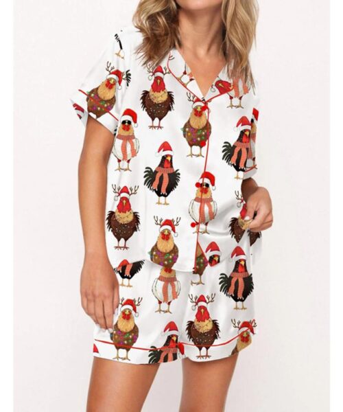 Сute Christmas Chickens Satin Pajama Set For Women
