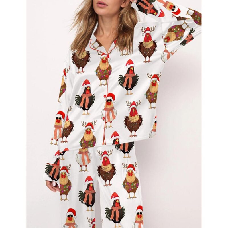 Сute Christmas Chickens Satin Pajama Set For Women - Image 2