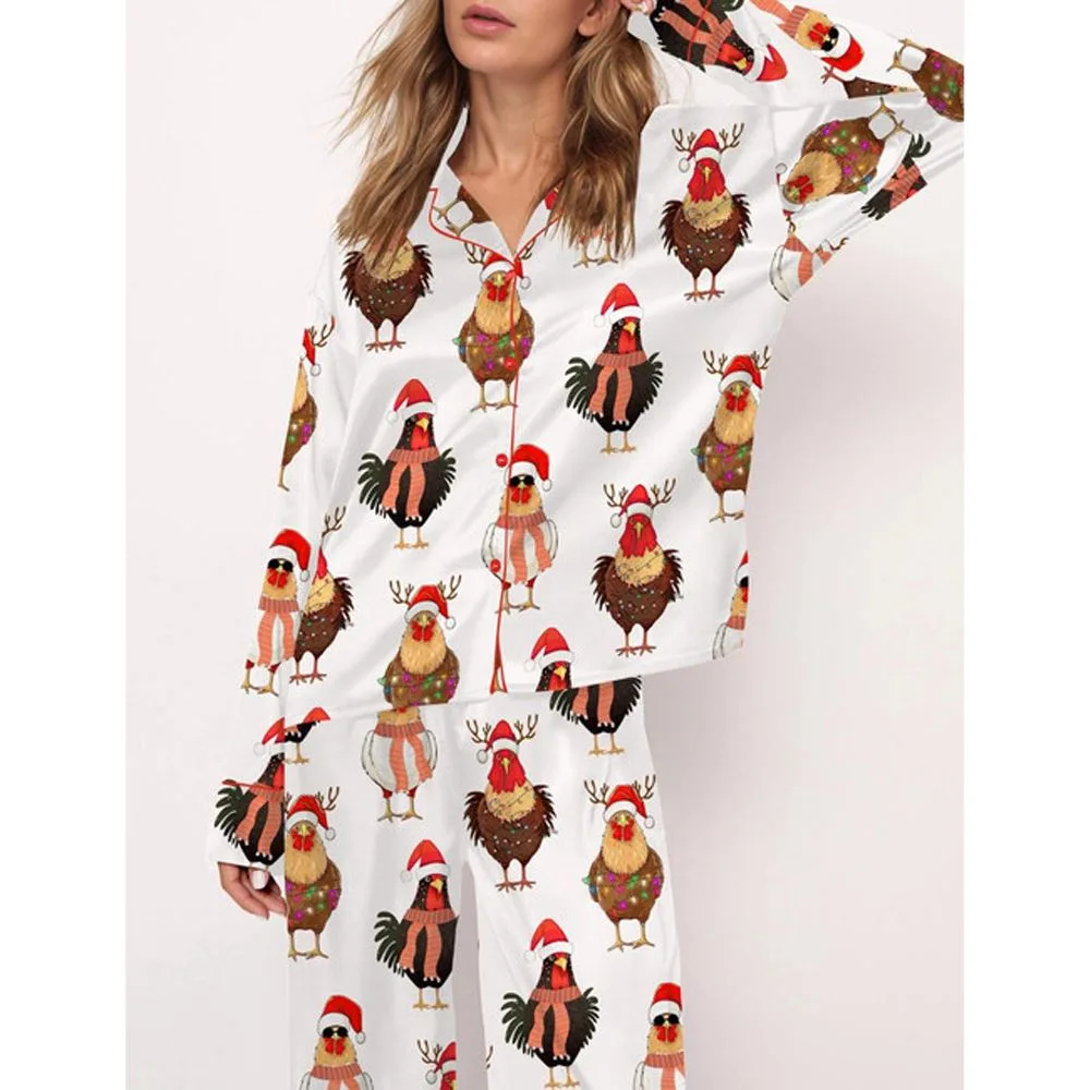 Сute Christmas Chickens Satin Pajama Set For Women - Image 2
