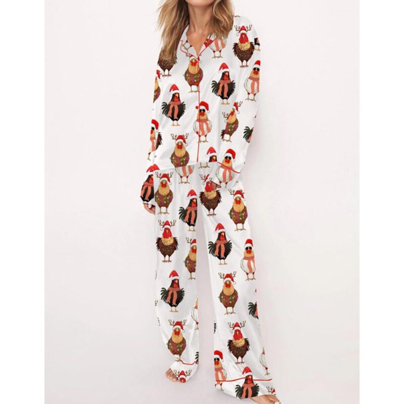 Сute Christmas Chickens Satin Pajama Set For Women - Image 3