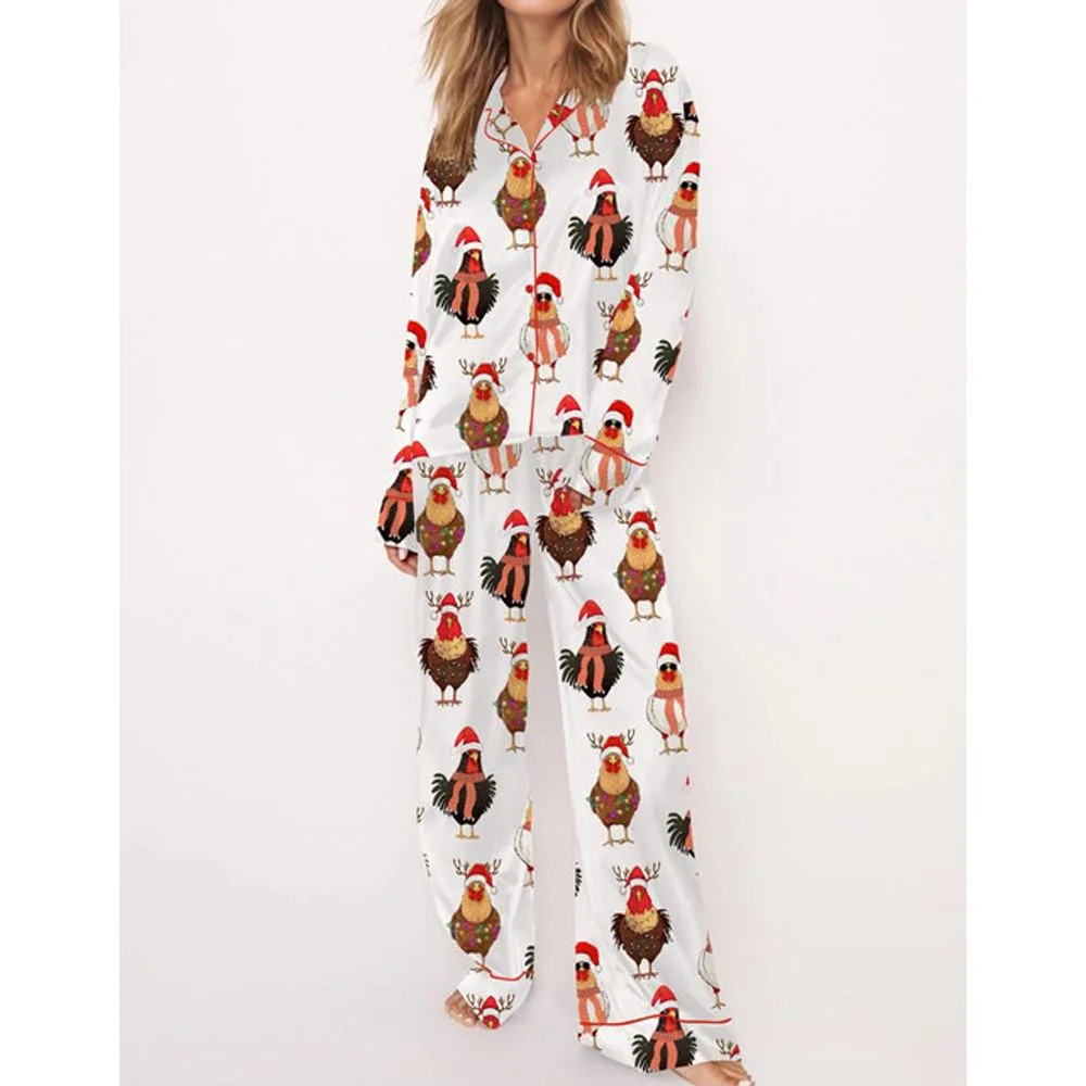 Сute Christmas Chickens Satin Pajama Set For Women - Image 3