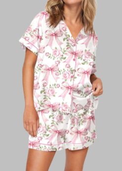 Trendy Pink Coquette Bow Floral Pajama Set For Women