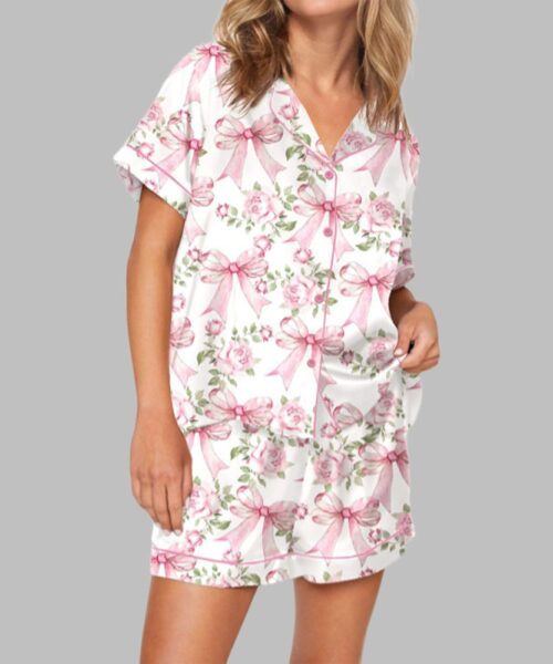 Trendy Pink Coquette Bow Floral Pajama Set For Women