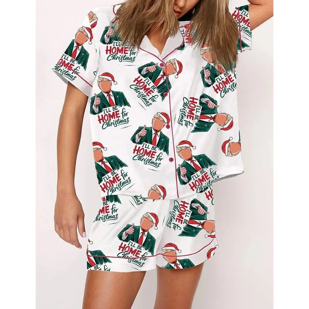Trump I'll Be Home For Christmas Santa Art Pajama Set - Image 2