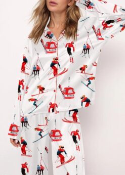 Vintage Skiers Satin Pajama Set For Women
