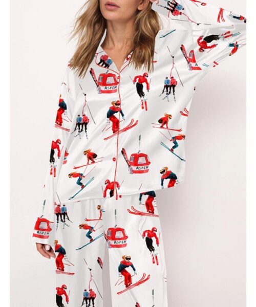 Vintage Skiers Satin Pajama Set For Women