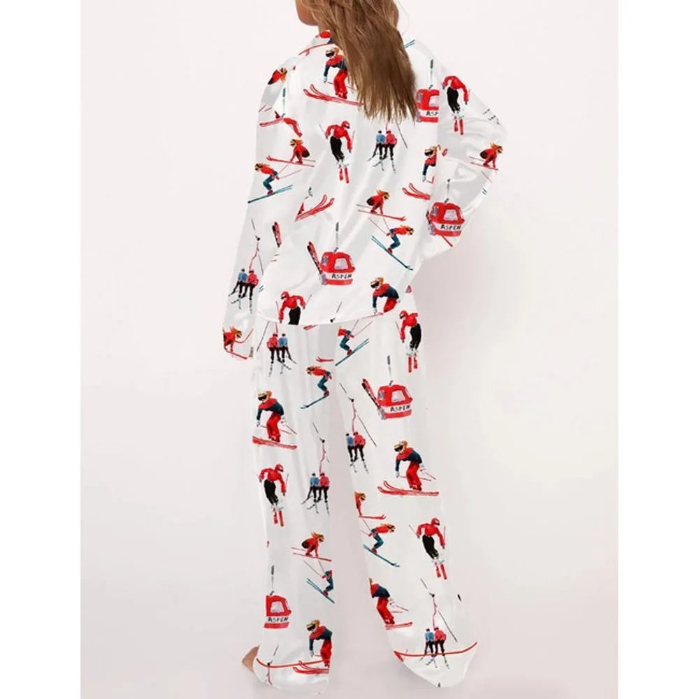 Vintage Skiers Satin Pajama Set For Women - Image 2