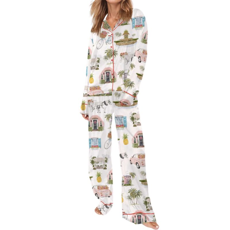 Watercolor Charleston Wedding Satin Pajama Set For Women - Image 2