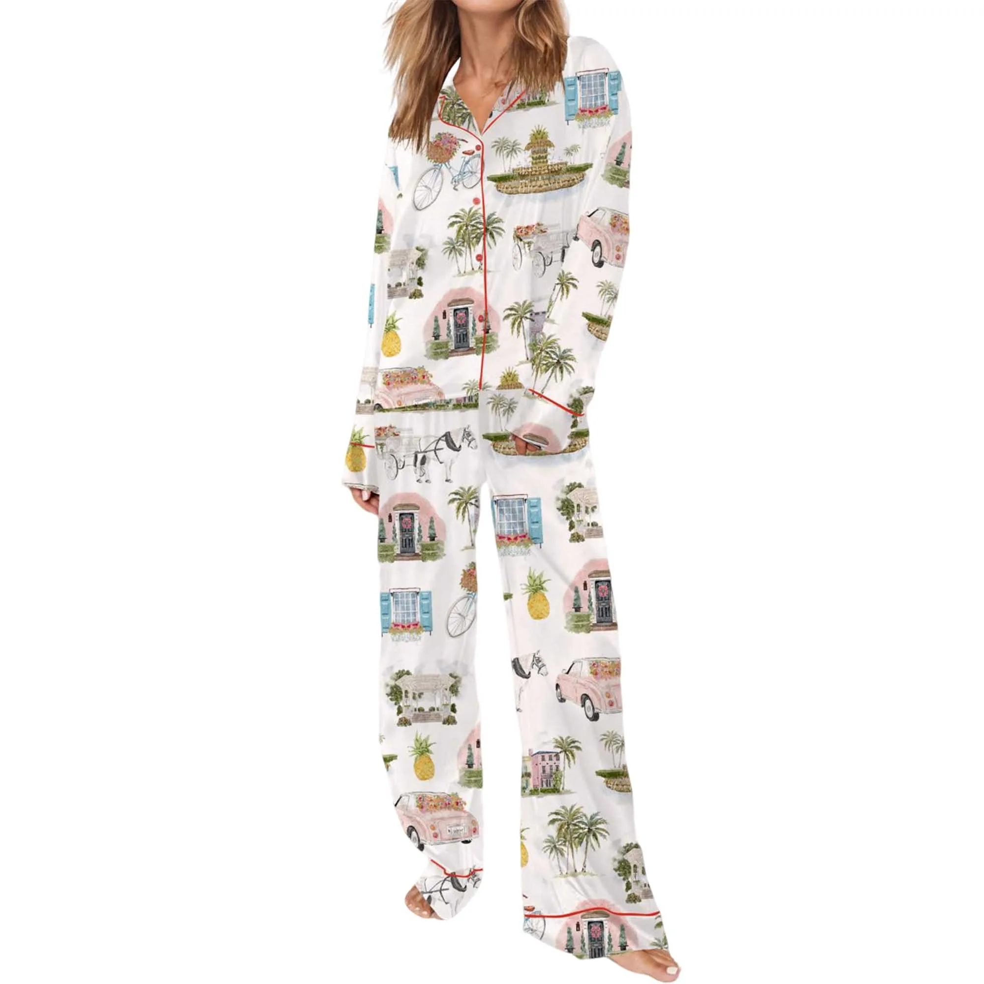 Watercolor Charleston Wedding Satin Pajama Set For Women - Image 2