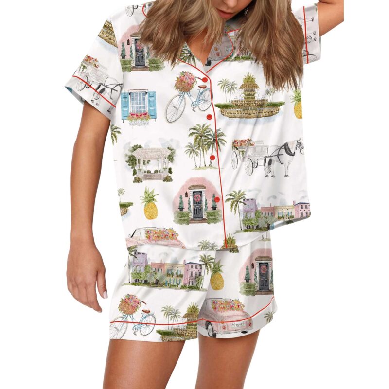 Watercolor Charleston Wedding Satin Pajama Set For Women - Image 3