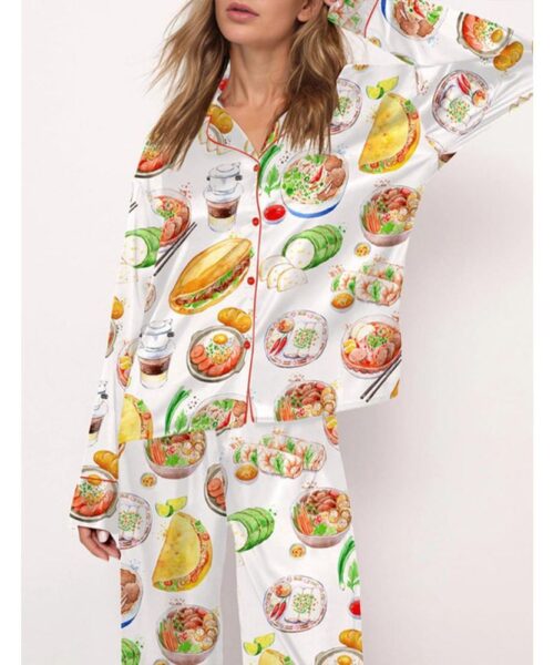 Watercolor Food Satin Pajama Set For Women