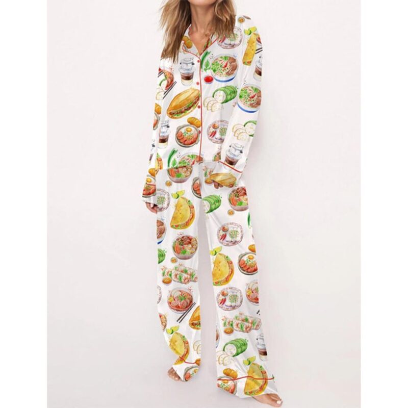 Watercolor Food Satin Pajama Set For Women - Image 2