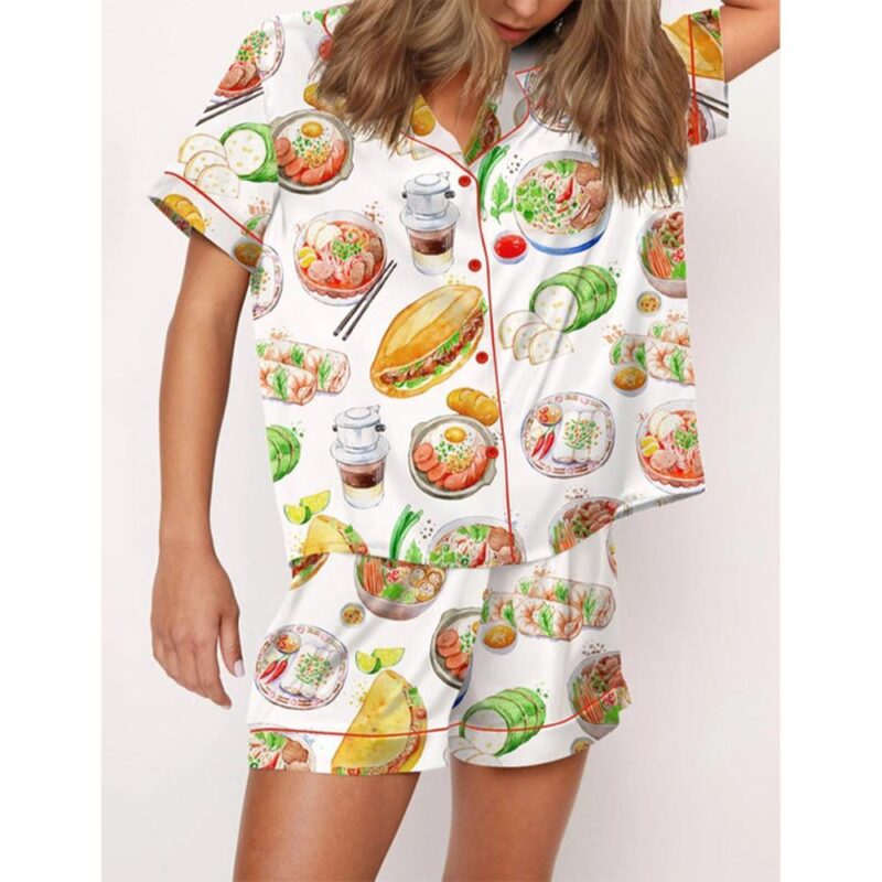 Watercolor Food Satin Pajama Set For Women - Image 3