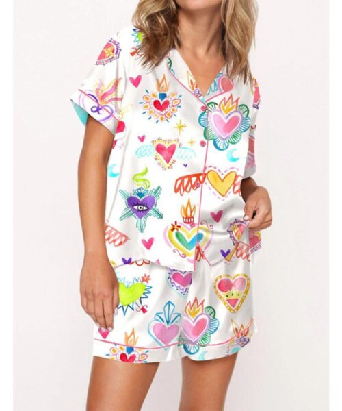 Watercolor Sacred Heart Satin Pajama Set For Women