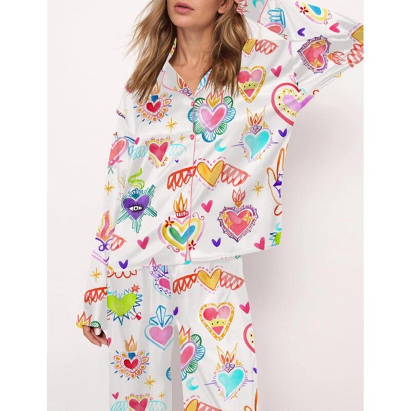Watercolor Sacred Heart Satin Pajama Set For Women - Image 3