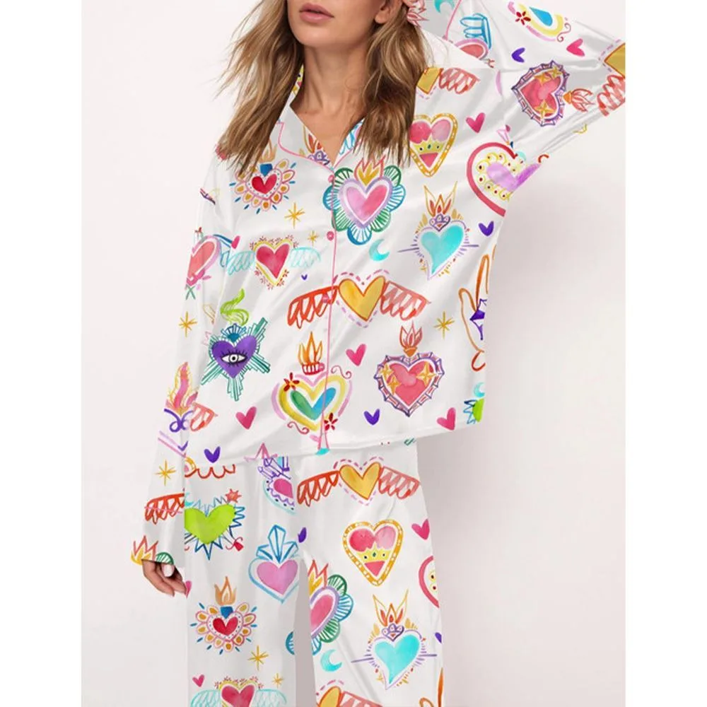 Watercolor Sacred Heart Satin Pajama Set For Women - Image 3