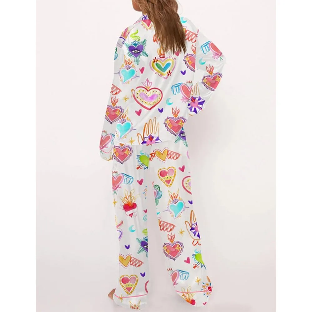 Watercolor Sacred Heart Satin Pajama Set For Women - Image 4