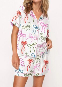 Whimsical Bows Satin Pajama Set For Women