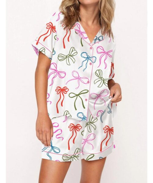 Whimsical Bows Satin Pajama Set For Women
