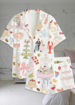 Whimsical Hand Drawn Watercolor Wedding Dolce Vita Summer Satin Pajama Set