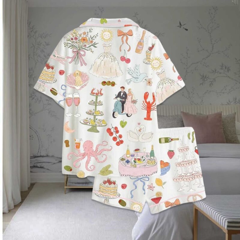 Whimsical Hand Drawn Watercolor Wedding Dolce Vita Summer Satin Pajama Set - Image 2