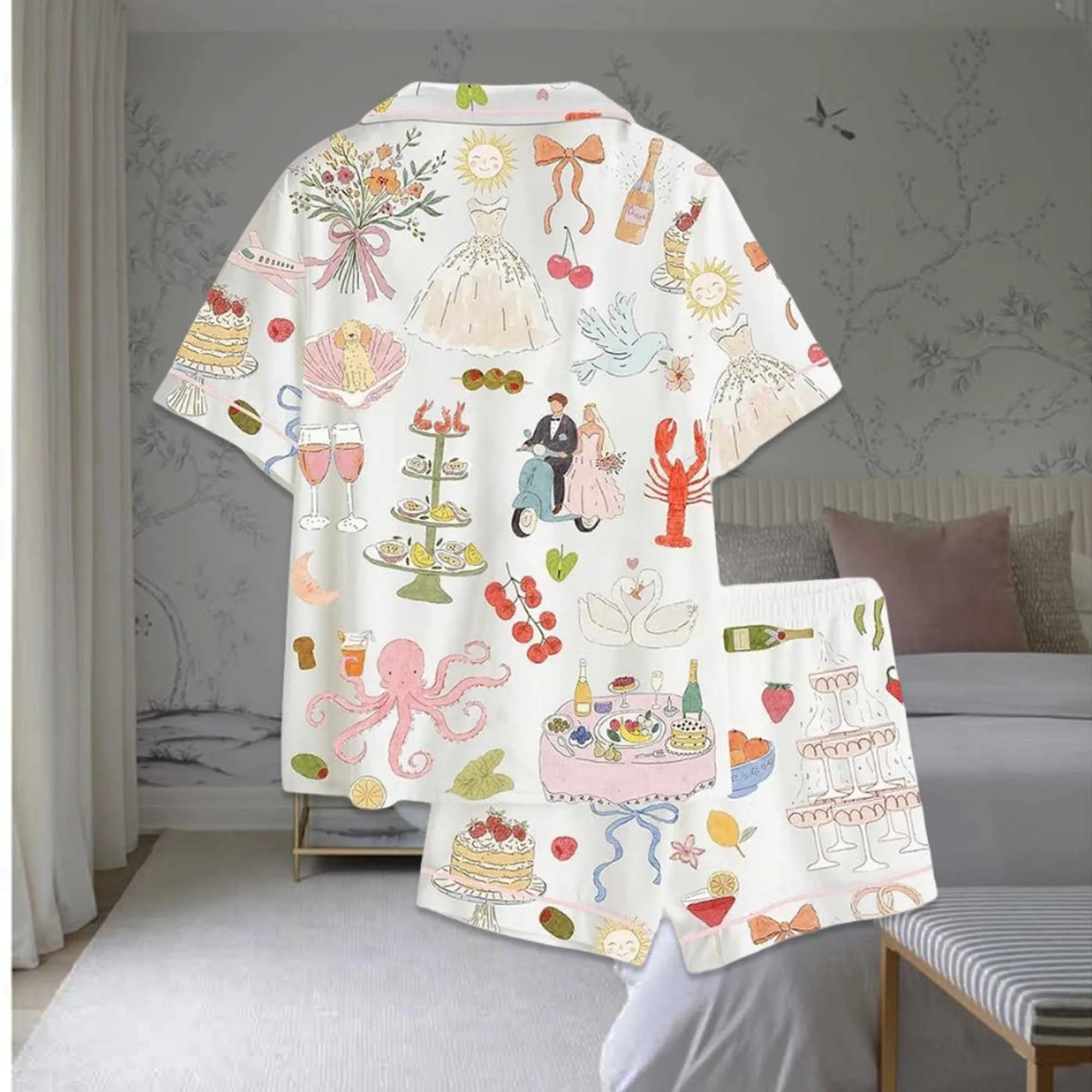 Whimsical Hand Drawn Watercolor Wedding Dolce Vita Summer Satin Pajama Set - Image 2