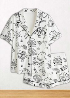 Whimsical Wedding Doodles For Wedding Print Short Sleeve Satin Pajama Set For Women