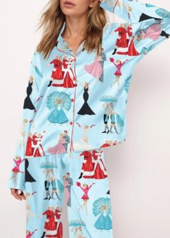 White Christmas Print Satin Pajama Set For Women