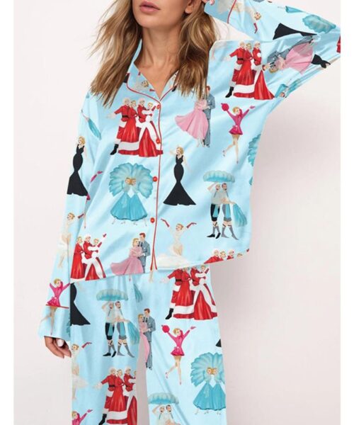 White Christmas Print Satin Pajama Set For Women