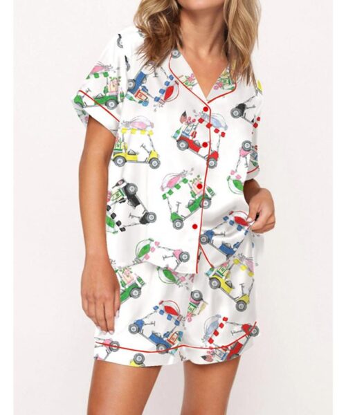 Wine Bottle Golf Cart Satin Pajama Set For Women