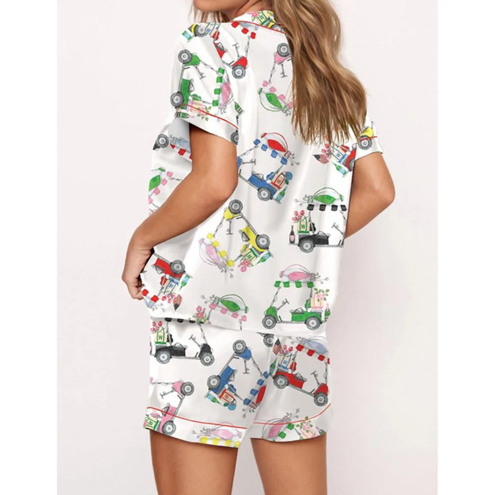 Wine Bottle Golf Cart Satin Pajama Set For Women - Image 2