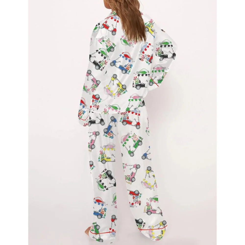 Wine Bottle Golf Cart Satin Pajama Set For Women - Image 3