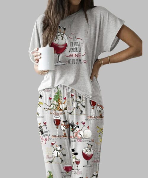 Winey Snowman Casual Pajama Set For Women