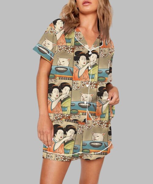 Woman Yelling at a Cat Japanese Meme Pajama Set