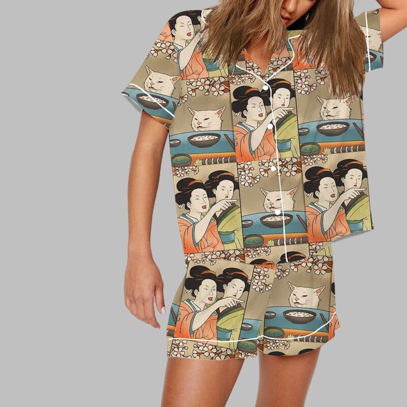 Woman Yelling at a Cat Japanese Meme Pajama Set - Image 2