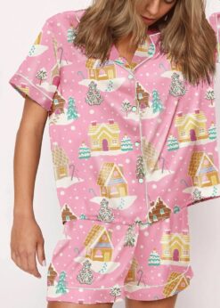 Women's Christmas House Print Cute Satin Pajama Set
