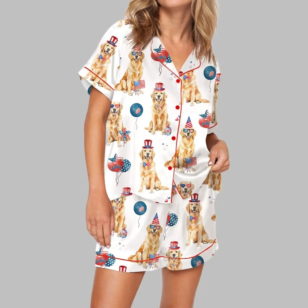 4th Of July Patriotic Golden Retriever Satin Pajama Set