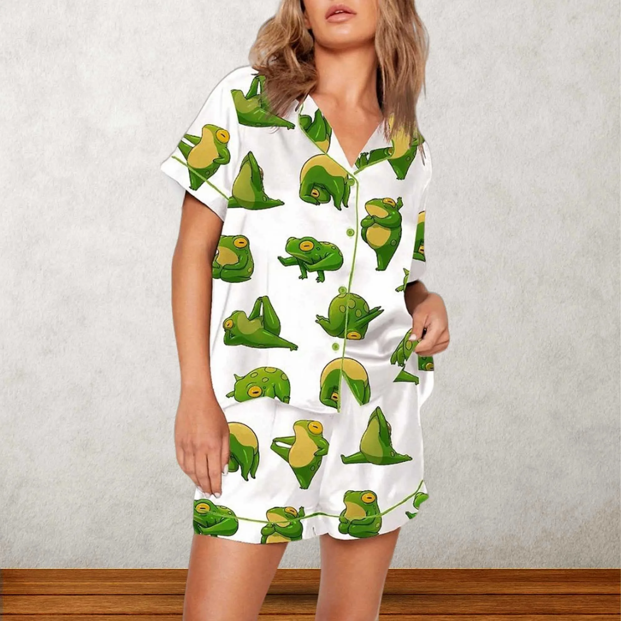 Cute Yoga Frogs Silk Satin Pajama Set For Women