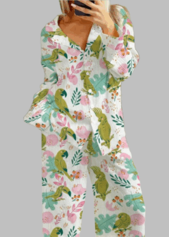 Green Bird Pattern Pajama Set
