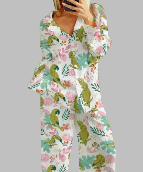 Green Bird Pattern Pajama Set