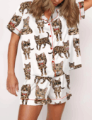 Bengal Cat Silk Satin Pajama Set For Women