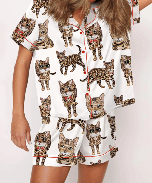 Bengal Cat Silk Satin Pajama Set For Women