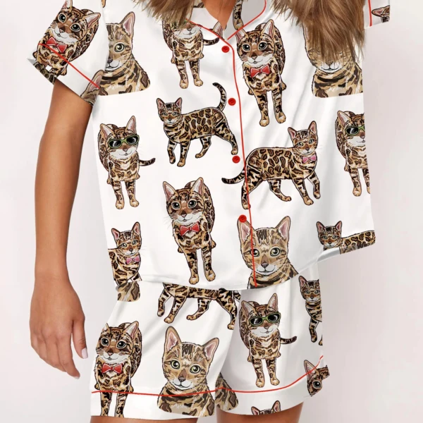 Bengal Cat Silk Satin Pajama Set For Women