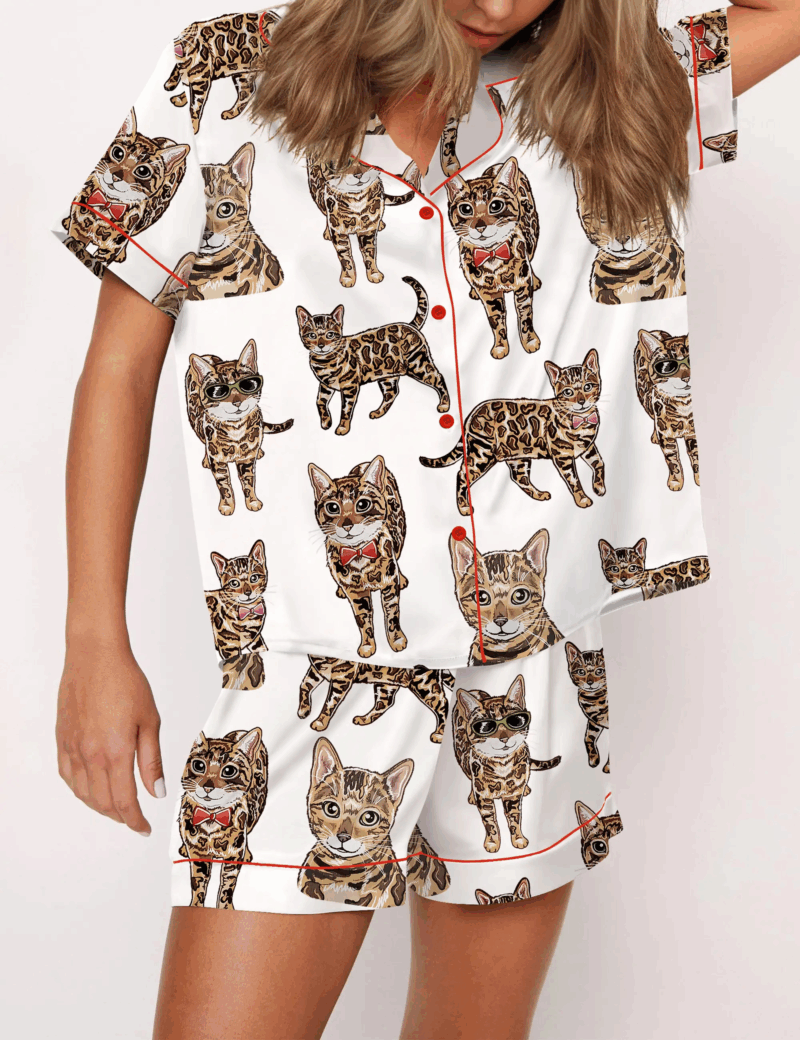 Bengal Cat Silk Satin Pajama Set For Women